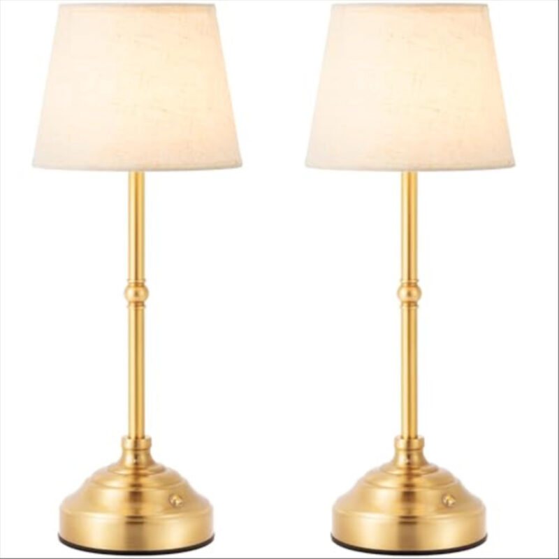 keysays 2 Pack Cordless Table Lamp, Rechargeable Desk Lamp with Fabric Shade, Battery Operated Lamp 3 Color Stepless Dimming, Small Touch Bedside Lamp Home Decor for Dining, Counter (Brushed Gold)