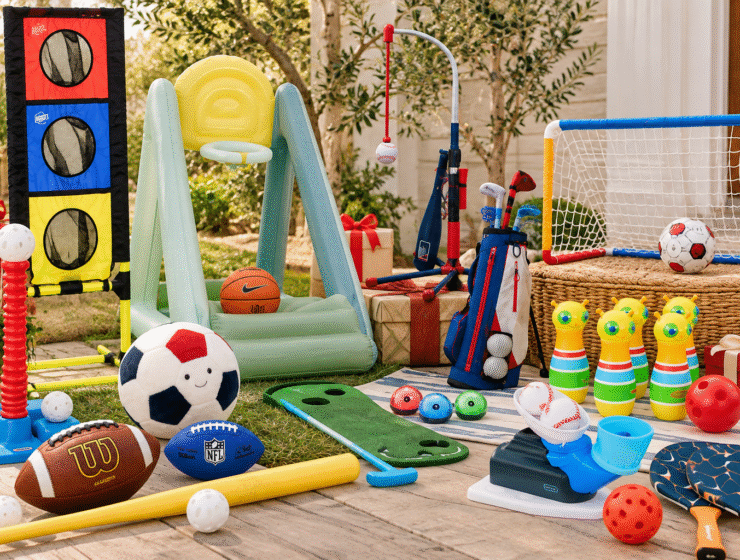 Outdoor sports gifts for kids, including soccer, basketball, golf, baseball, and bowling games