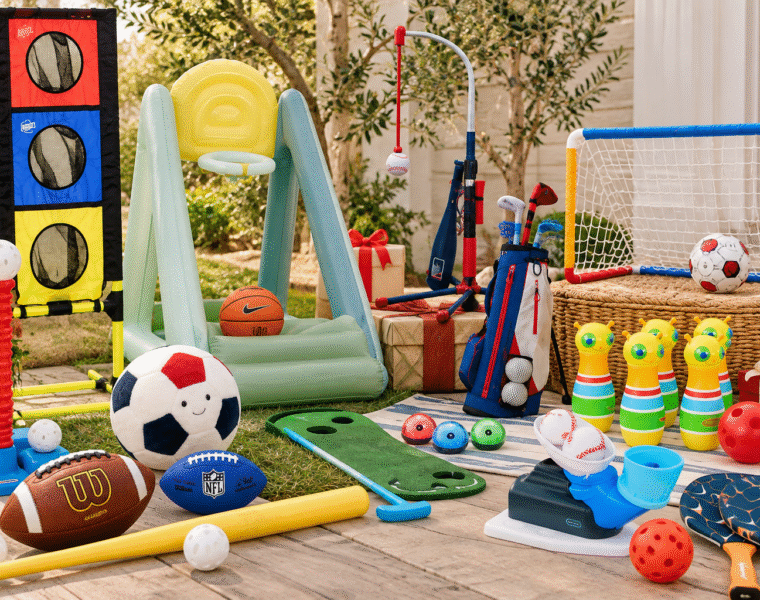 Outdoor sports gifts for kids, including soccer, basketball, golf, baseball, and bowling games
