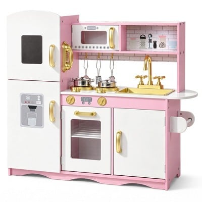 Kinder King Wooden Kids Play Kitchen, Toy Kitchen Playset for Toddler, Pretend Oven, Microwave, Realistic Kitchen Sets for Boys Girls Age 3+, Gold