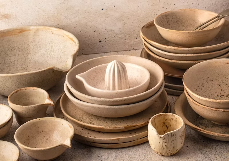 Handmade neutral ceramic dishes, bowls, and a citrus juicer.