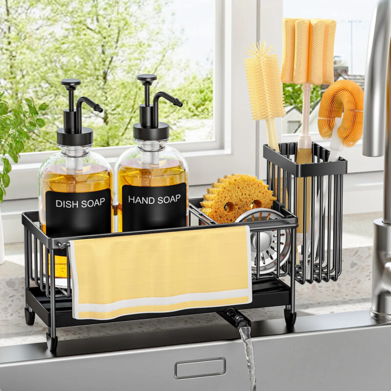 Kitchen Soap Dispenser Set with Sponge Holder and Towel Rack, 17OZ Glass Bottle, Hand and Dish So...
