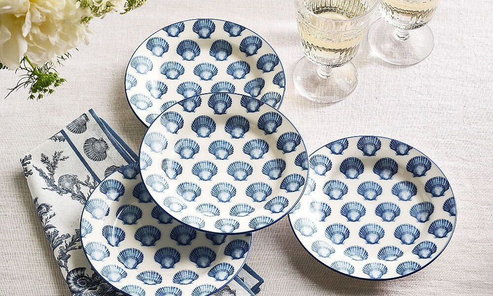 Kravet Shell Print Porcelain Appetizer Plates - Set of 4