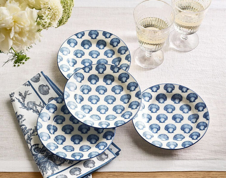 Kravet Shell Print Porcelain Appetizer Plates - Set of 4
