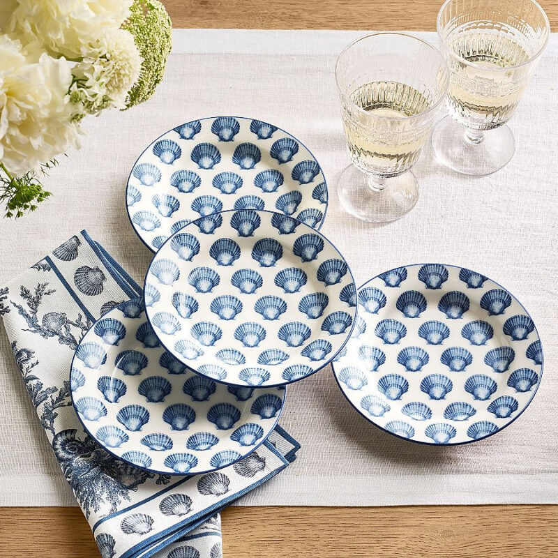 Kravet Shell Print Porcelain Appetizer Plates - Set of 4