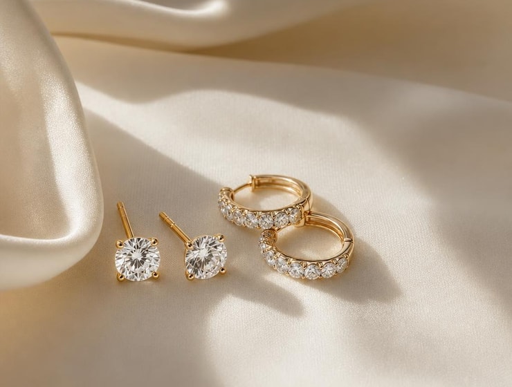 Lab-grown diamond stud earrings and gold diamond huggie hoops on cream silk