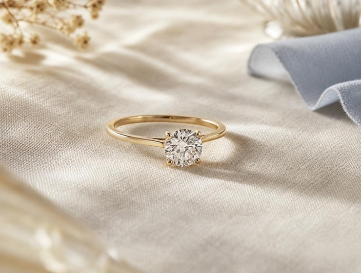 Lab-grown diamond solitaire engagement ring in a gold setting on ivory fabric