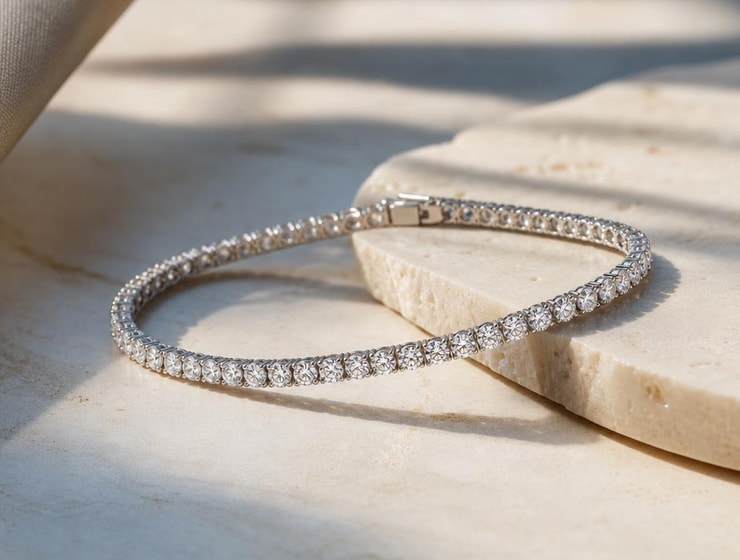 Lab-grown diamond tennis bracelet arranged on warm ivory stone