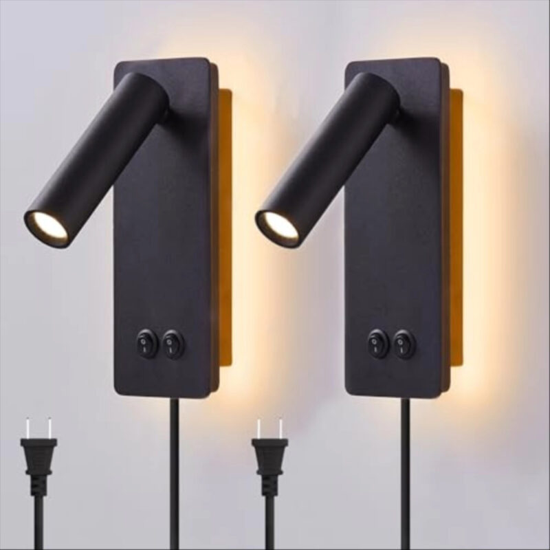 LED wall lamp and reading light two-in-one multifunctional wall sconces. LED Wall Lamp Plug in for Bedroom Bedside Wall Sconces Set of Two Black Reading Light 3W+6W Night Light 3000K(BLACK)