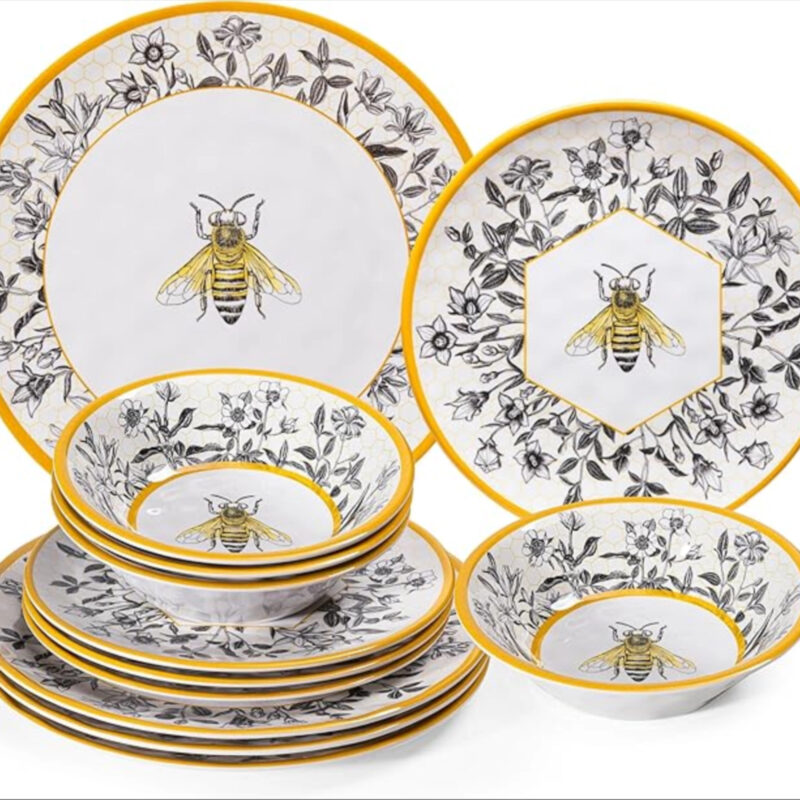 LEHAHA Honeycomb Bee Sweet 12-Piece Melamine Dinnerware Set,Melamine Dishes Set of 4, Lightweight...