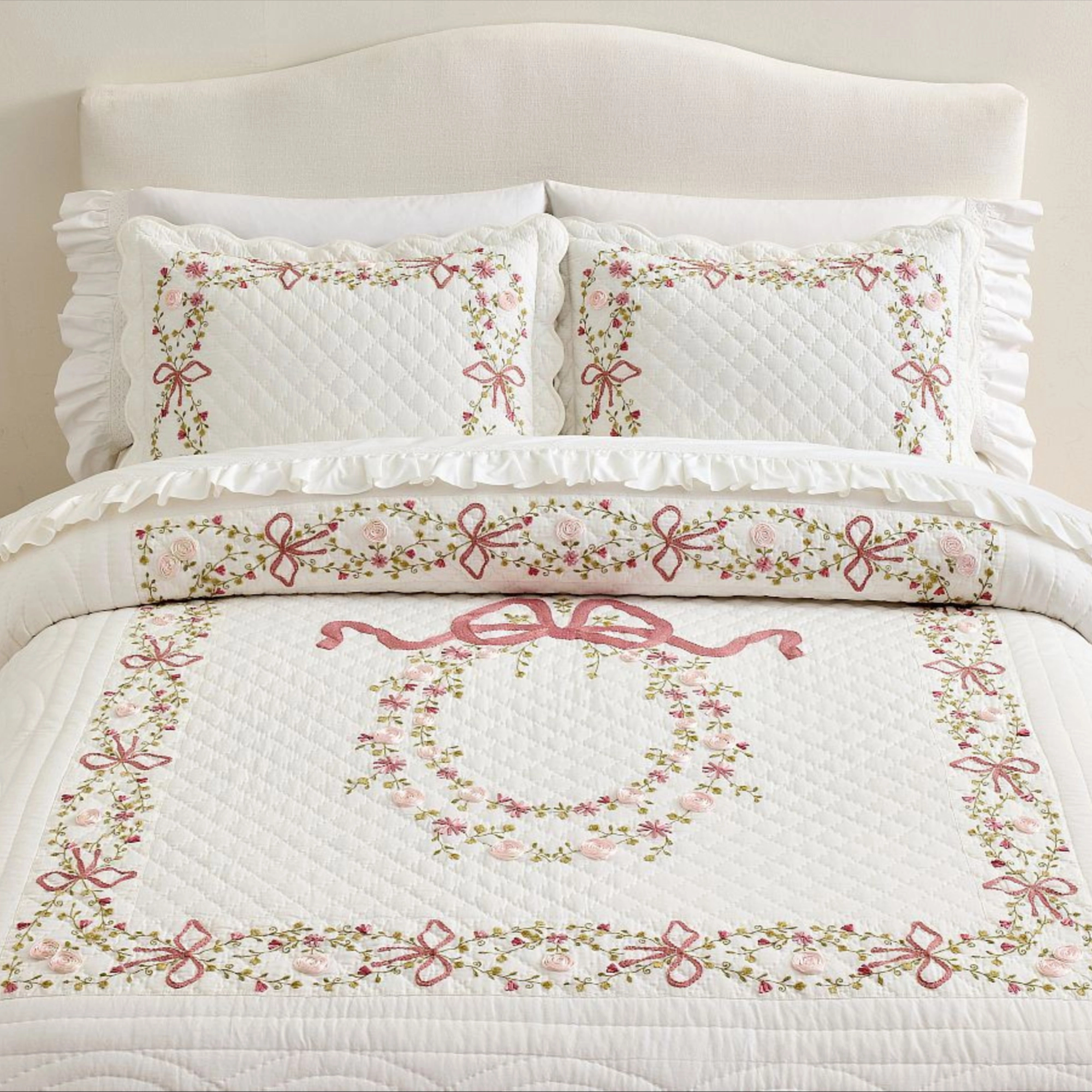 LoveShackFancy Bow Embellished Quilt, Multi, Full/Queen