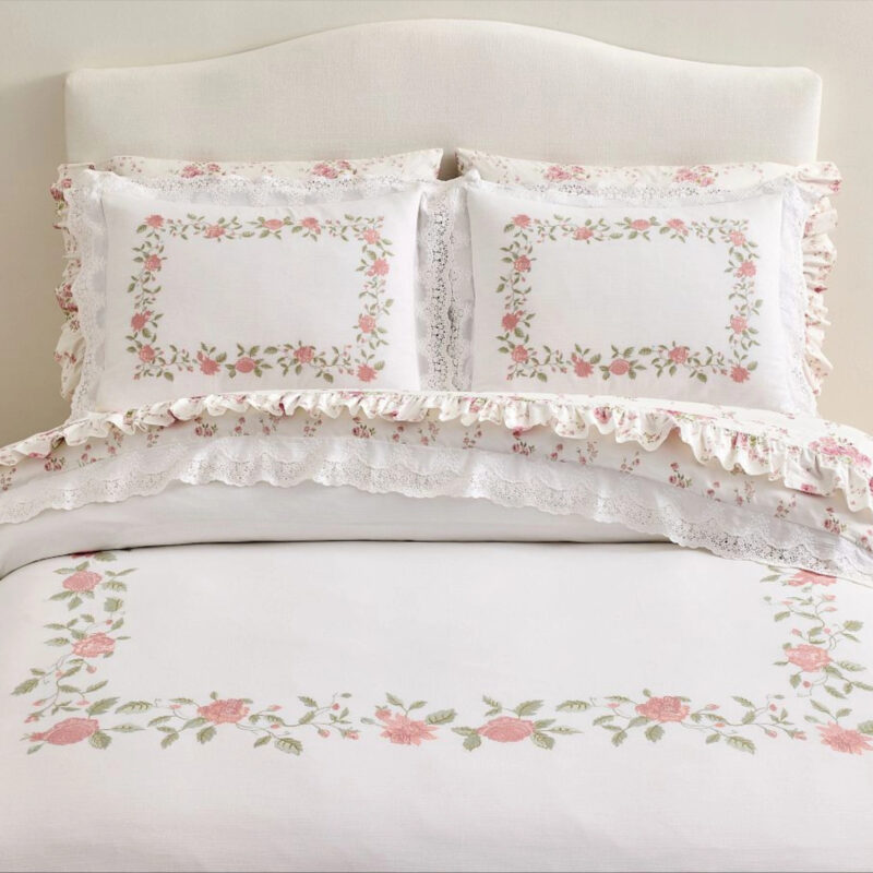 LoveShackFancy Pink Embroidered Rose Duvet Cover, Multi, King/Cal. King