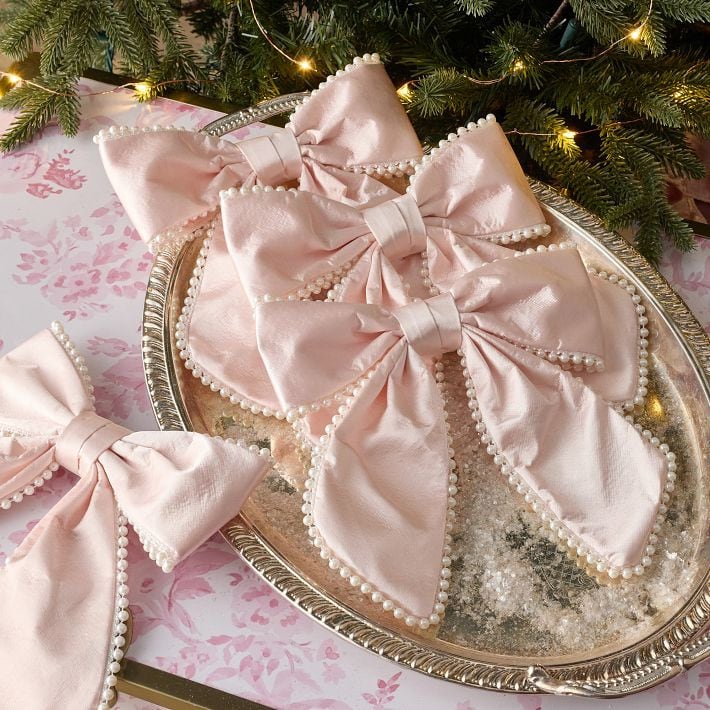 LoveShackFancy Satin Bow Ornaments with Pearl Trim, Set of 4 LoveShackFancy x Pottery Barn