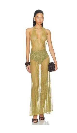 ADRIANA DEGREAS Lace Bare-back Maxi Dress in Green. - size S