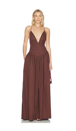 ADRIANA DEGREAS Opulence Deep-V Maxi Dress in Brown. - size L