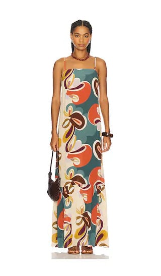 ADRIANA DEGREAS Organic Floral Long Dress in Teal,Cream. - size M