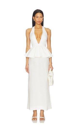 ADRIANA DEGREAS Solid Deep-V Peplum Maxi Dress in Ivory. - size M