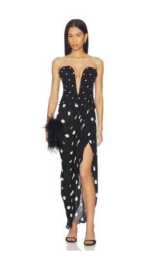 ADRIANA DEGREAS Polka Dot Strapless Midi Dress in Black. - size XS