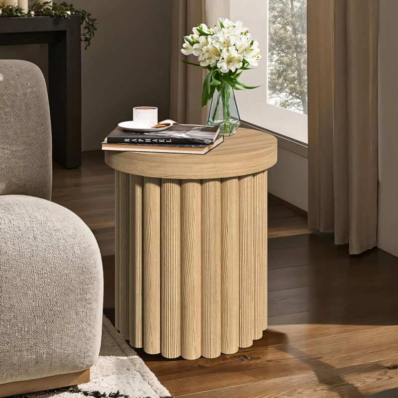 LuxenHome Round Side Table, 19" H Fluted Side Table for Small Spaces, Mid Century Modern Small En...