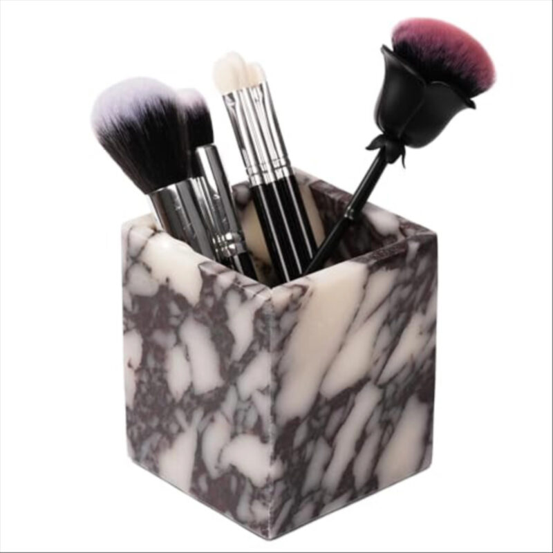 LWALMS Marble Makeup Brush Holder - Viola Candle Toothbrush Cup For Bathroom Accessories, Decorative Pencil Organizer For Office Desk Aesthetic, Stone Utensil Container For Kitchen Countertop