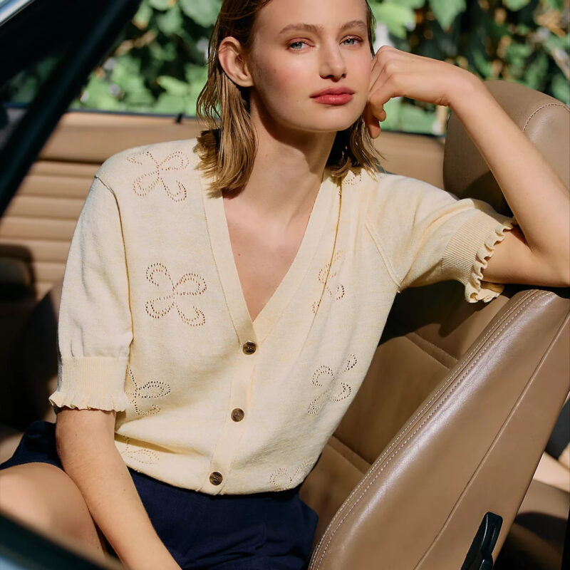 Maeve Pointelle Short-Sleeve Cardigan Sweater