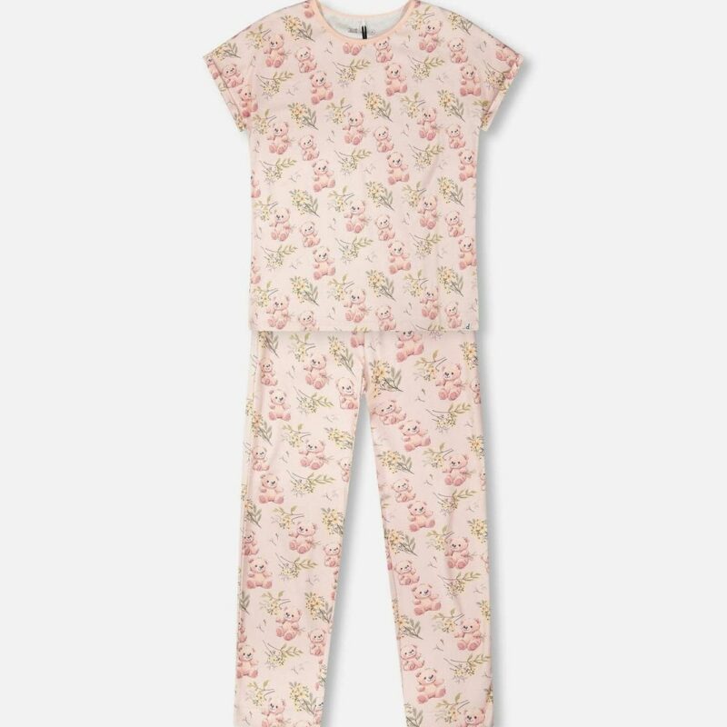 Organic Cotton Women Two-Piece Pyjama Set Pale Pink Bear Print