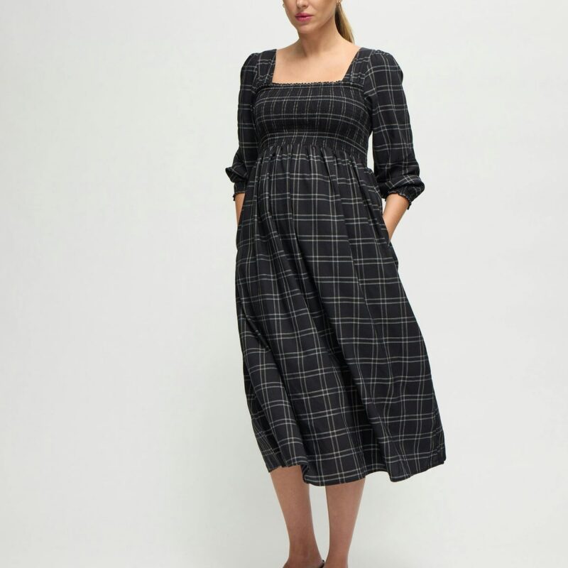 Plaid Smocked Ruffle Sleeve Maternity Midi Dress