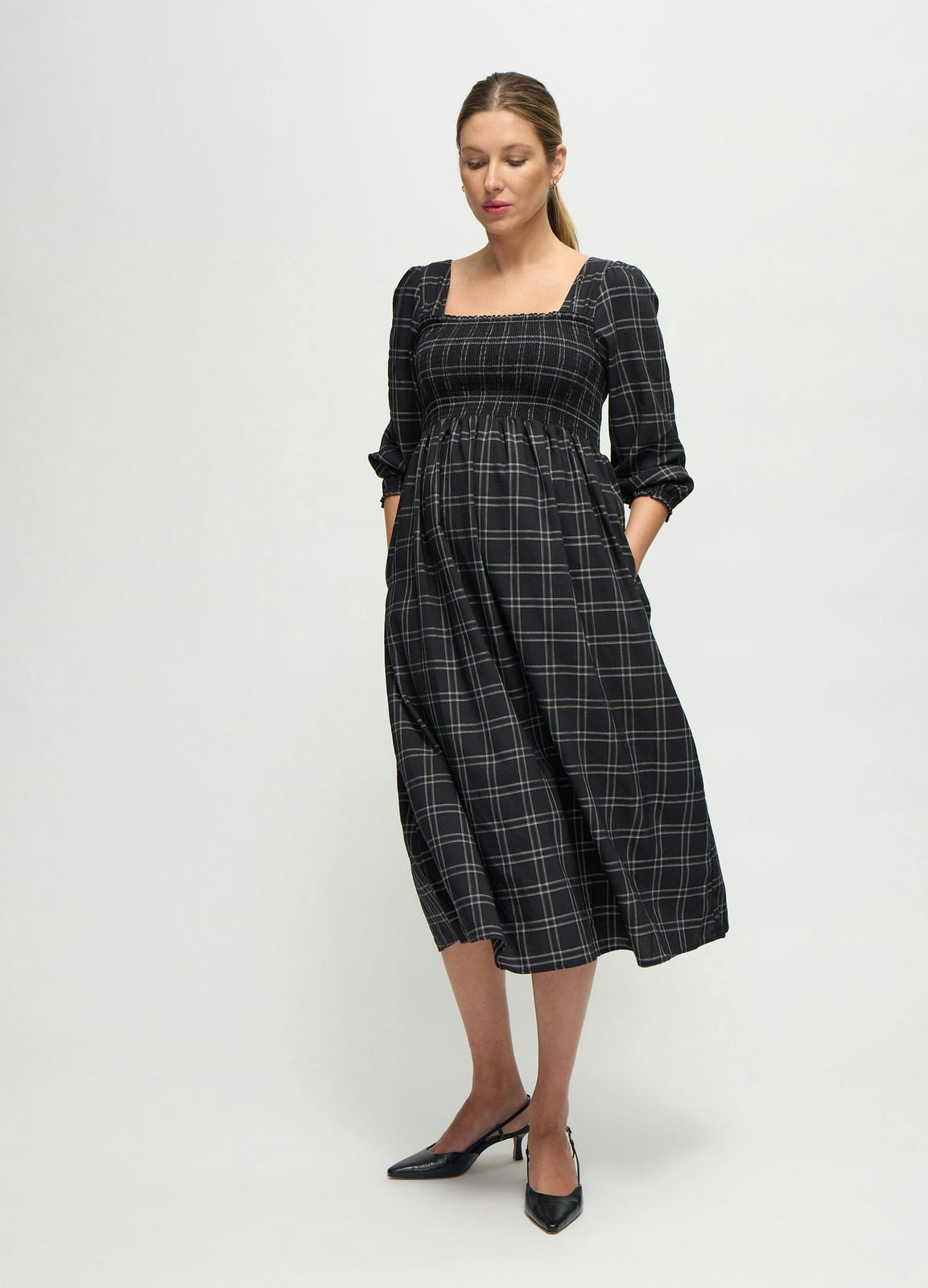 Plaid Smocked Ruffle Sleeve Maternity Midi Dress