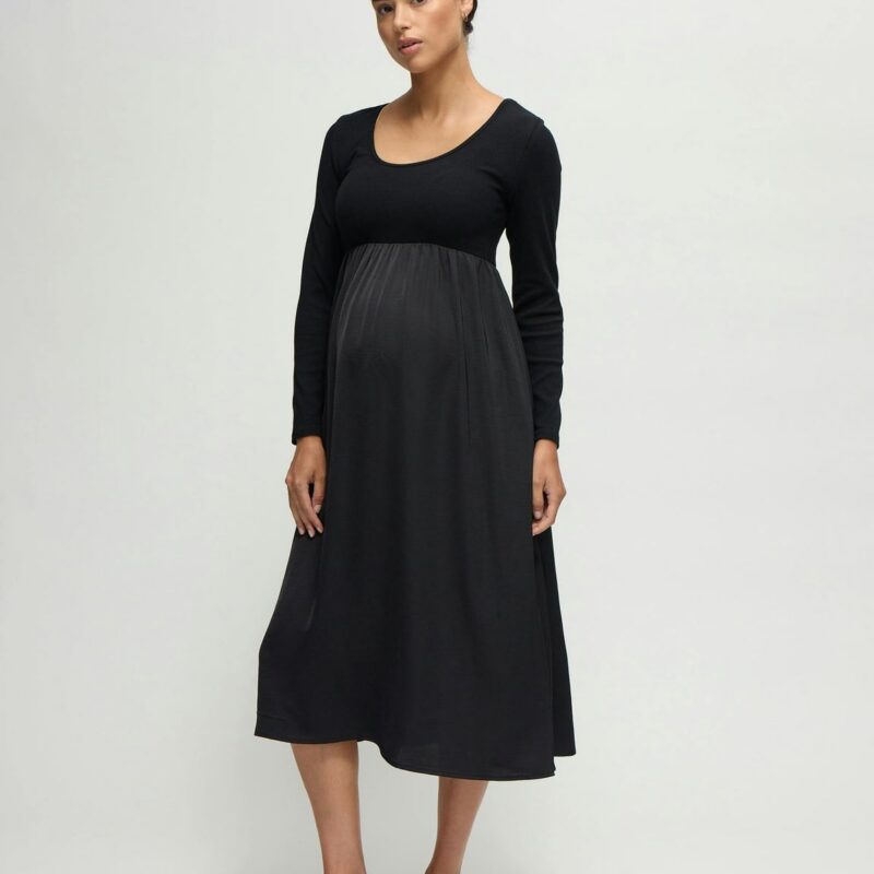 Long Sleeve Knit to Woven Maternity Nursing Midi Dress