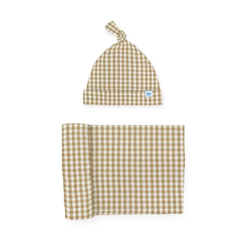 Stretch Knit Swaddle and Hat Set - Cinnamon Gingham