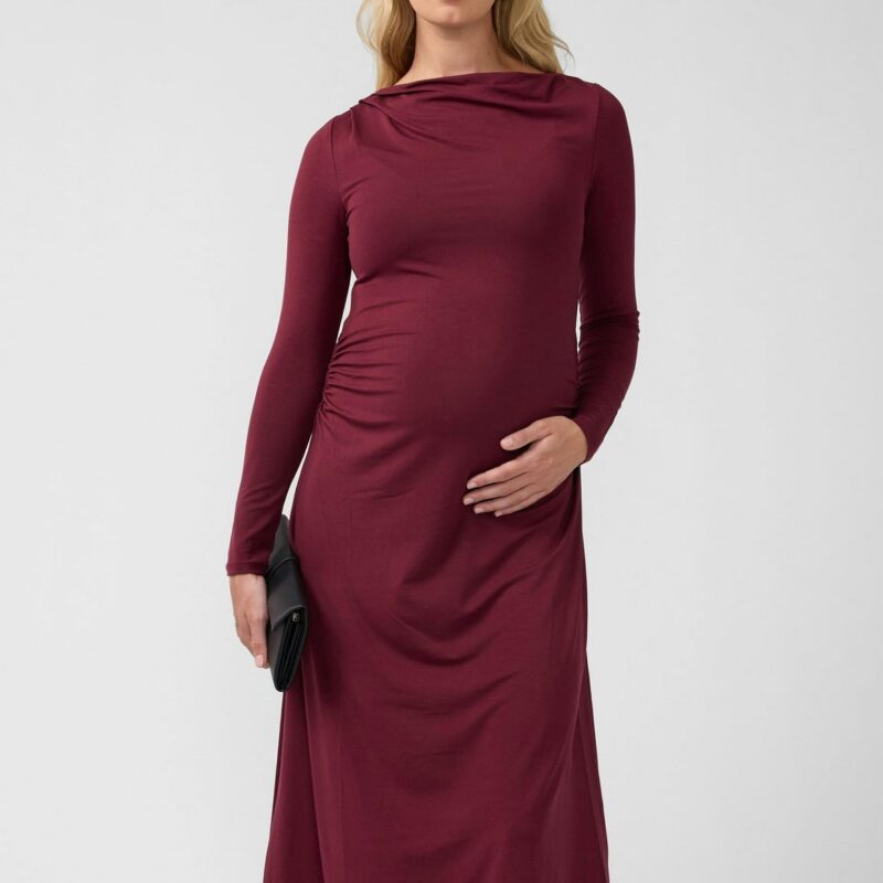 Ruched Long Sleeve Mock Neck Maternity Midi Dress