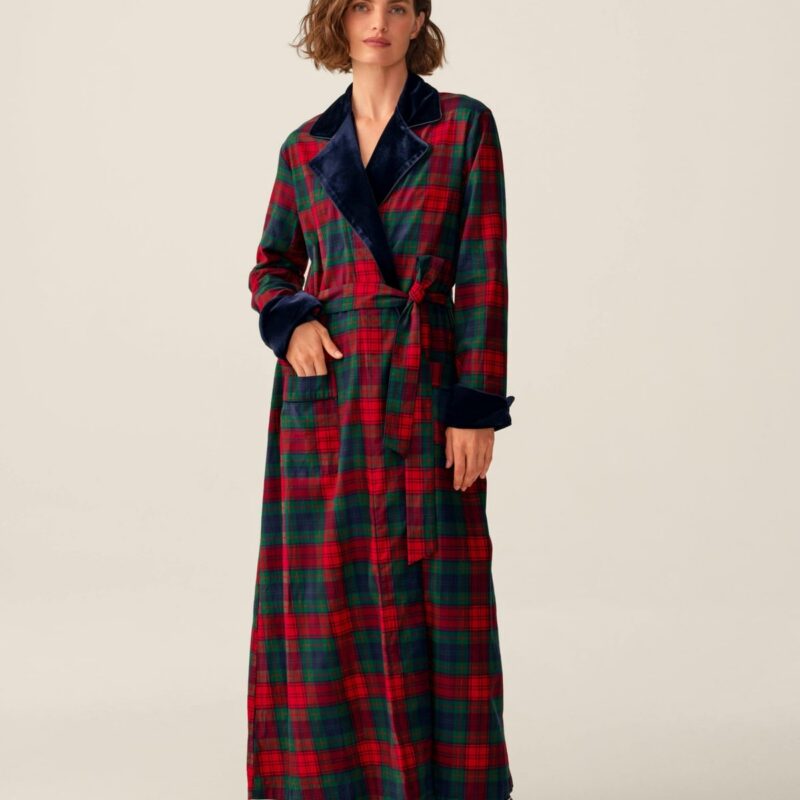 Women's Brushed Twill Velvet Trim Robe in St. James Tartan