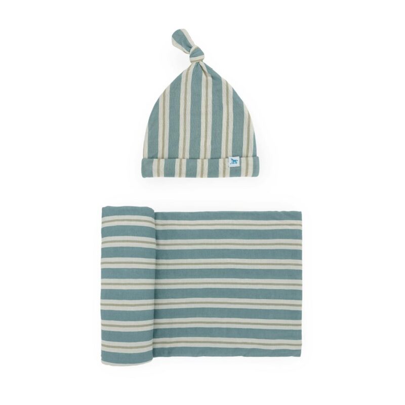 Stretch Knit Swaddle and Hat Set - Blue Vintage Stripe