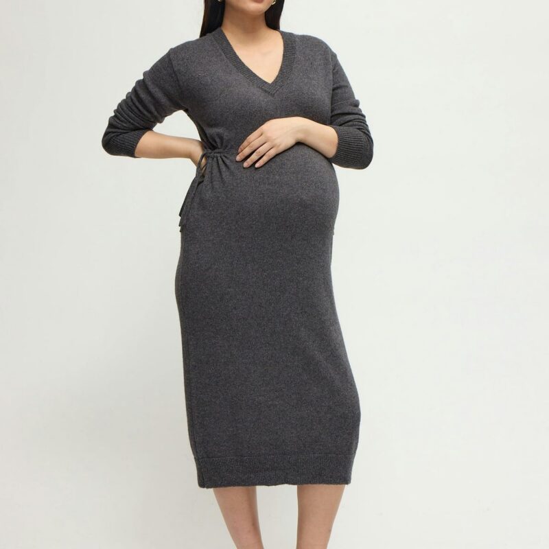 The Soft V-Neck Side Tie Sweater Grey Midi Maternity Dress