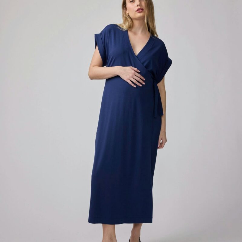 Short Sleeve Knit Wrap Maternity Midi Dress