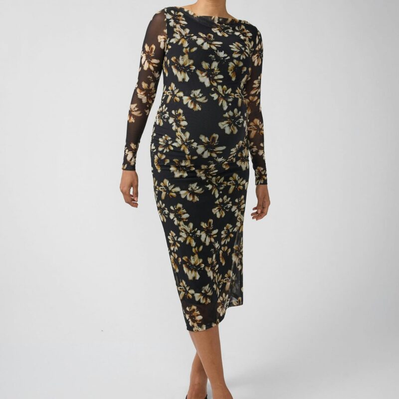 Long Sleeve Ruched Mesh Maternity Midi Dress