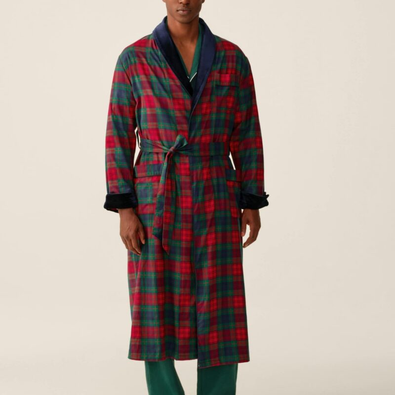 Men's Brushed Twill Velvet Trim Robe in St. James Tartan