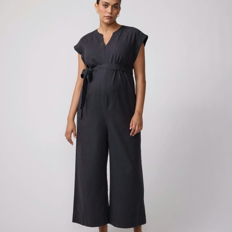 Short Sleeve Wide Leg Linen Maternity Jumpsuit