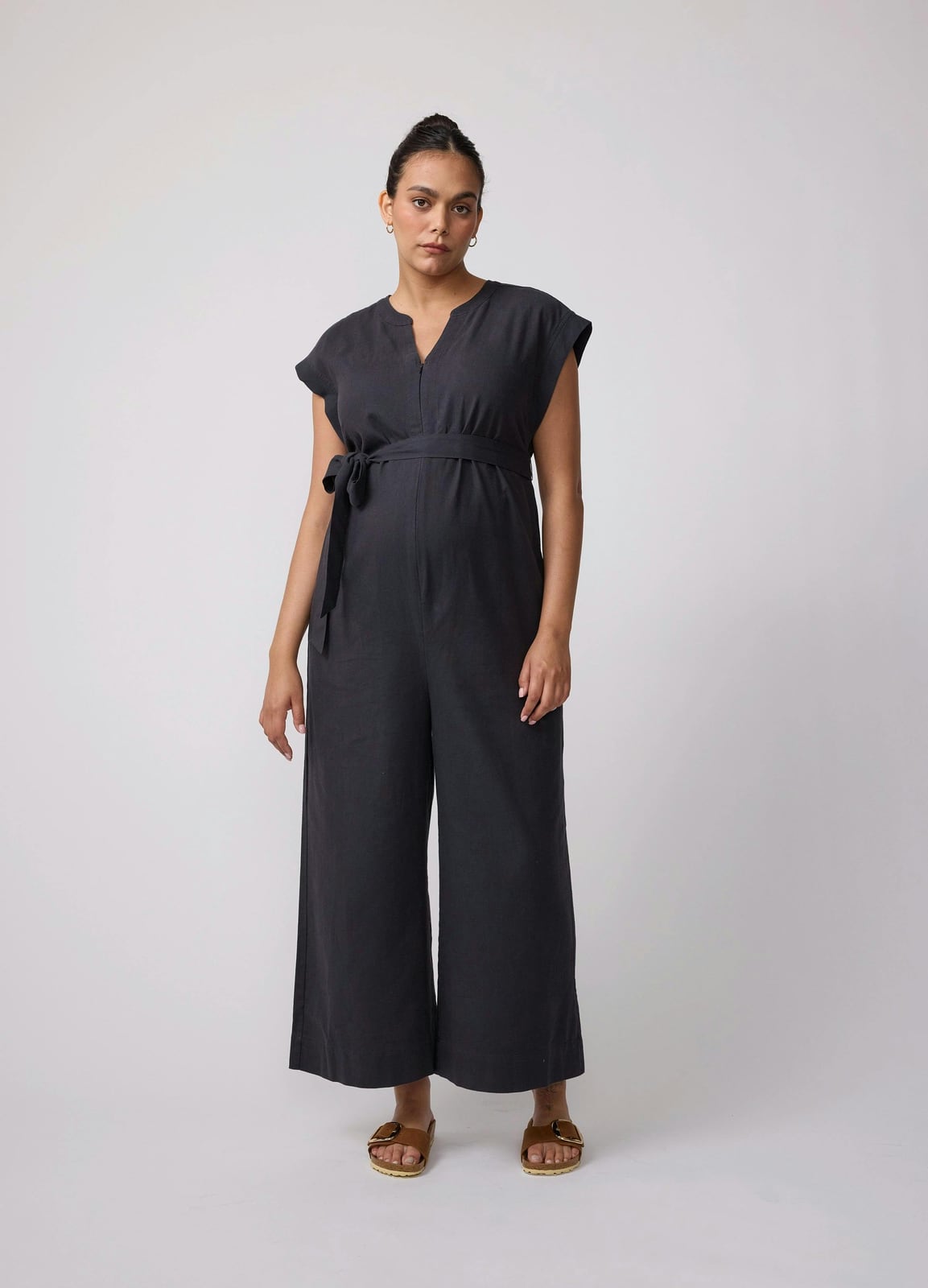 Short Sleeve Wide Leg Linen Maternity Jumpsuit