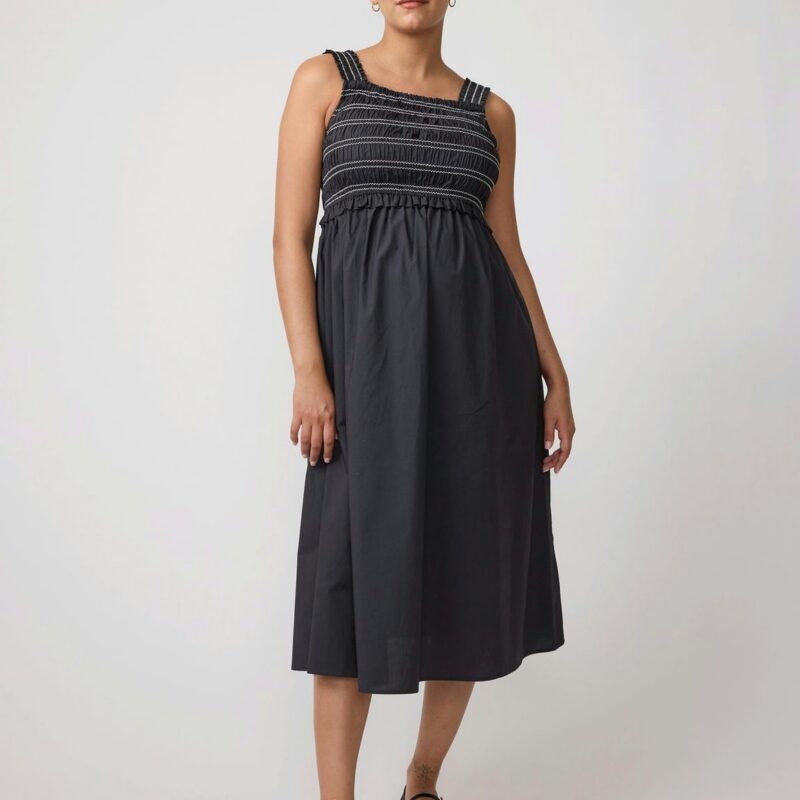 Square Neck Smocked Cotton Maternity Maxi Dress