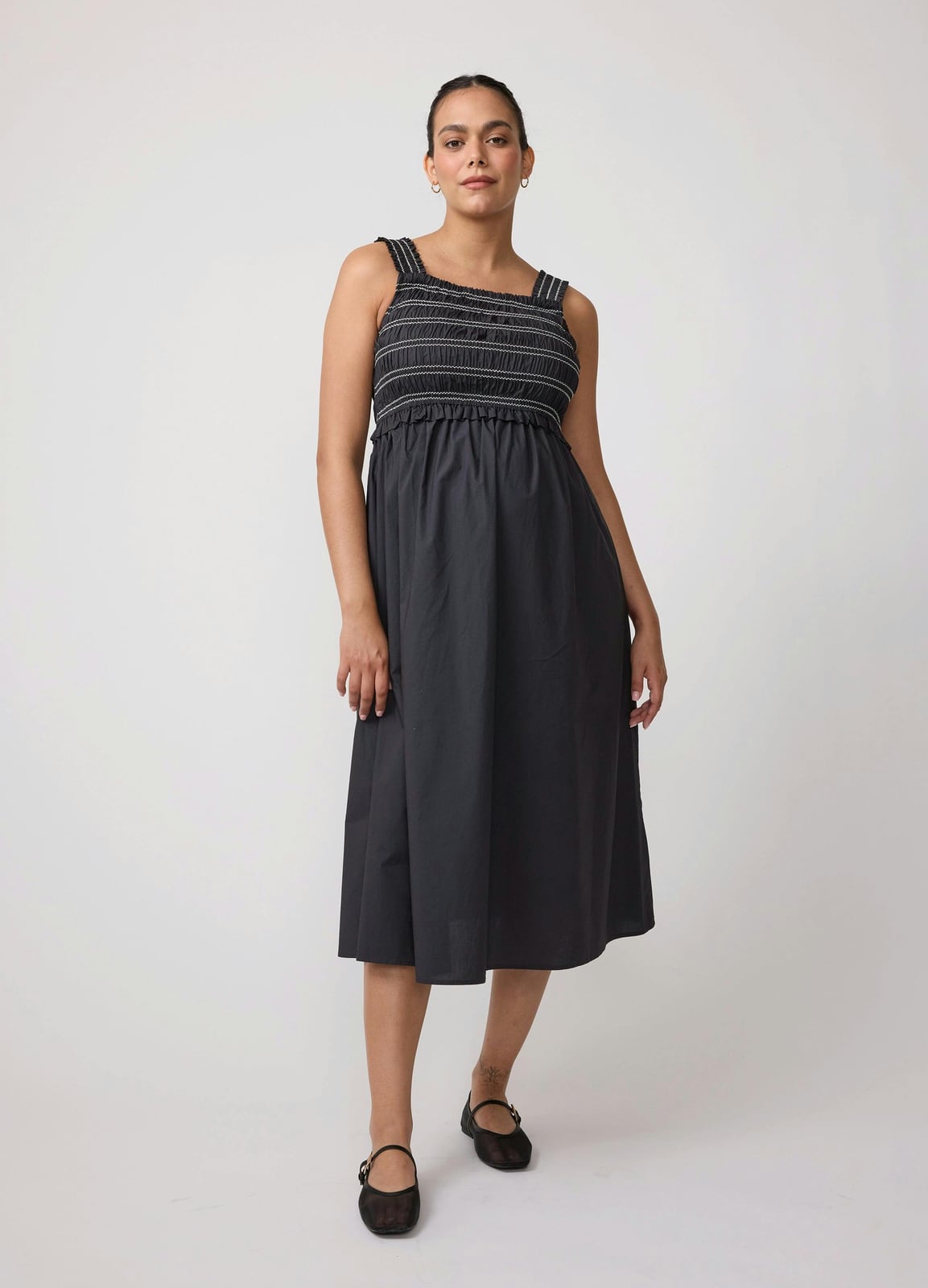 Square Neck Smocked Cotton Maternity Maxi Dress
