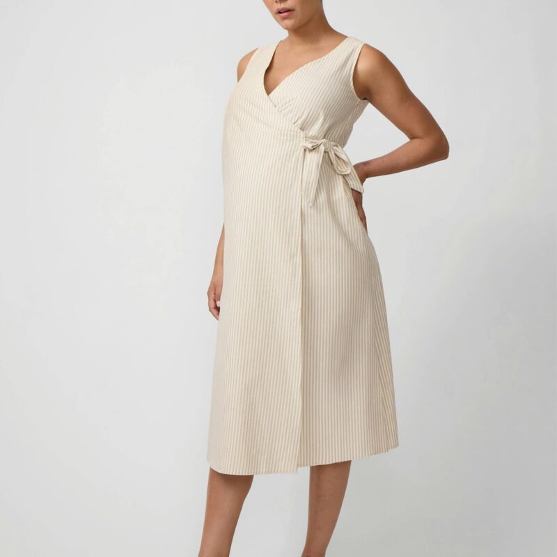 Striped Linen Wrap Maternity Midi Dress