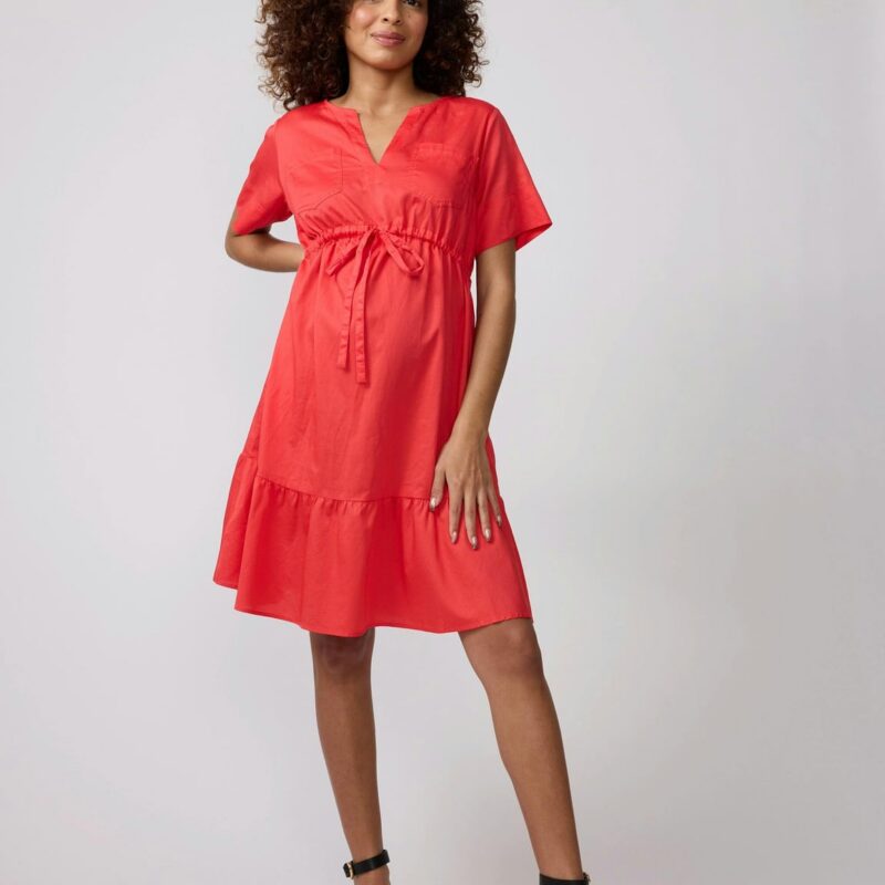 Short Sleeve Tiered Cotton Maternity Shirt Dress