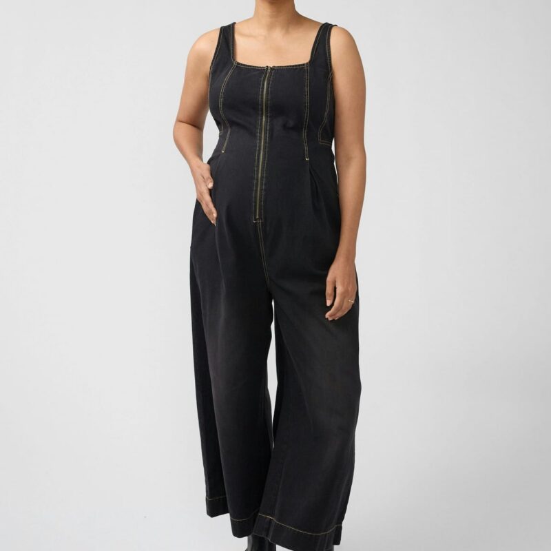 Zip Front Drapey Denim Maternity Jumpsuit