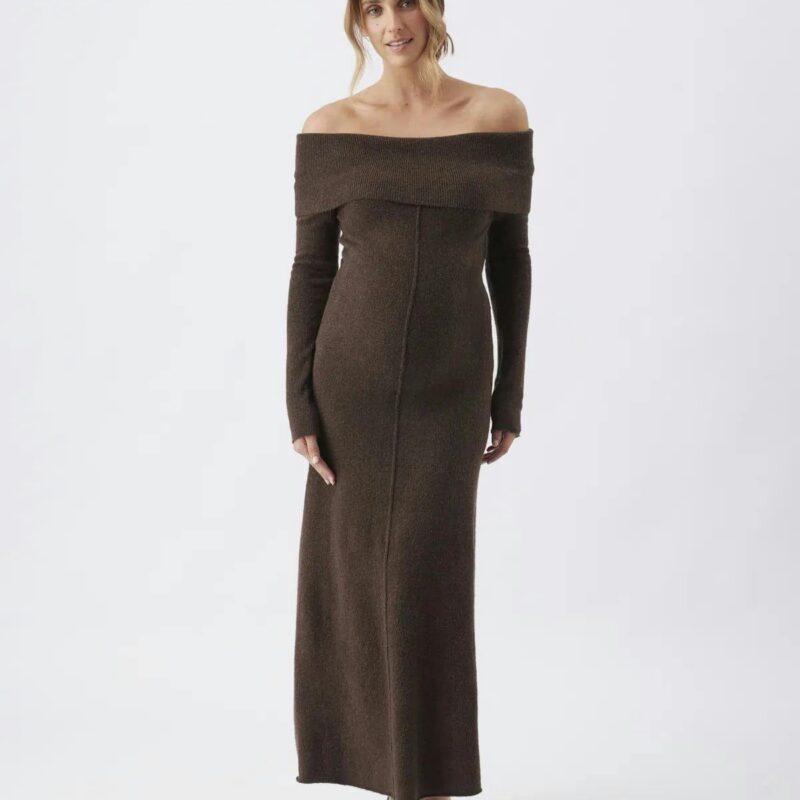 Tyla Off Shoulder Knit Dress Chocolate
