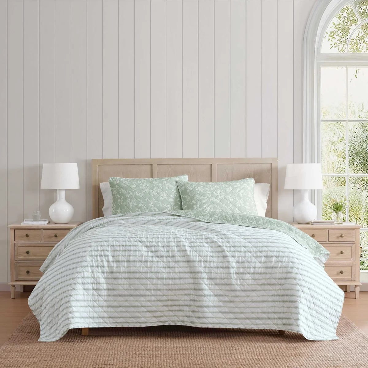 Martha Stewart French Bird Floral Cotton Green Quilt Set