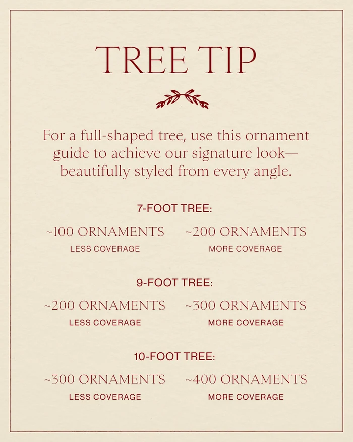 McGee & Co. ornament guide for full-shaped Christmas trees: approximately 100–200 ornaments for a 7-foot tree, 200–300 for a 9-foot tree, and 300–400 for a 10-foot tree.