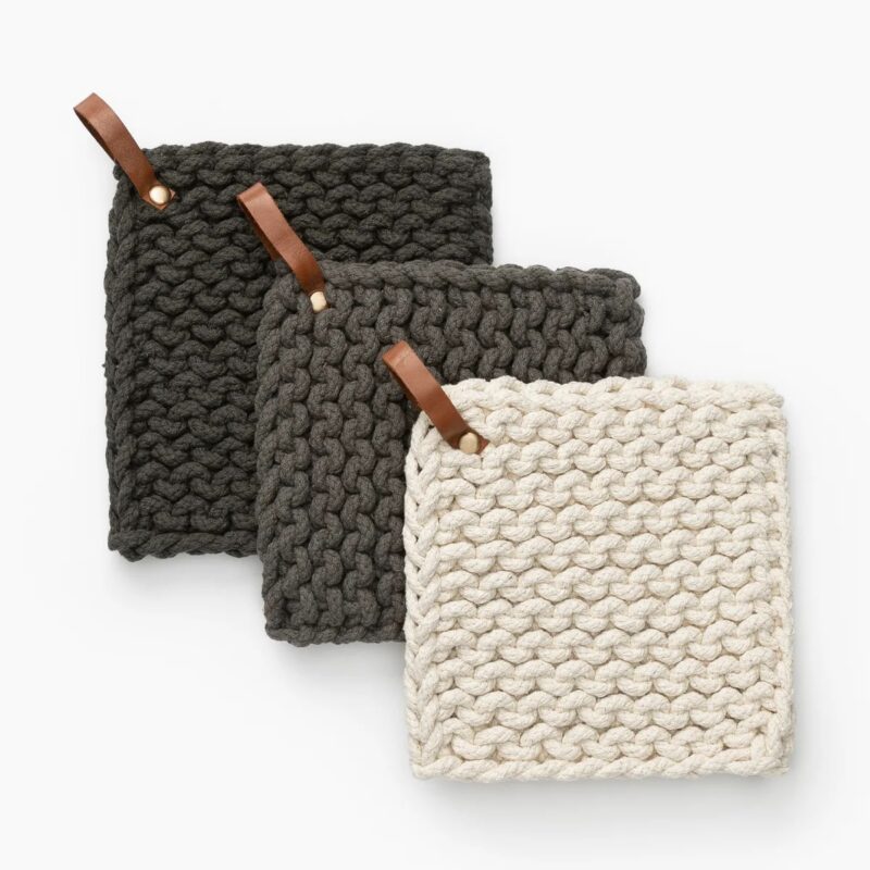 Leather Handled Crochet Pot Holder (Set of 3)
