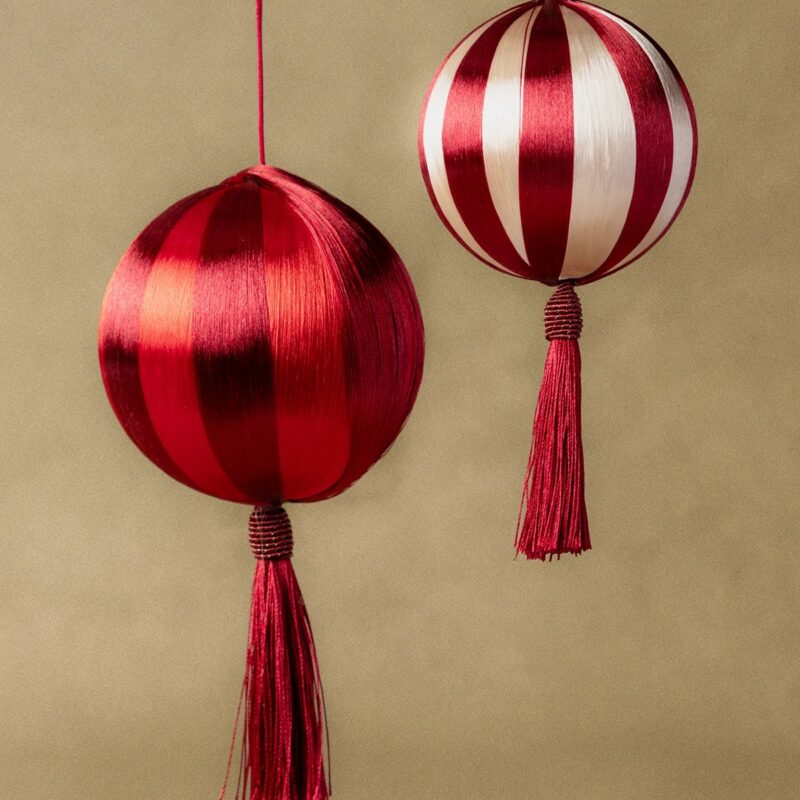 Striped Red & Cream Baubles with Tassel (Set of 2)