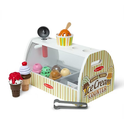 Melissa & Doug Wooden Scoop and Serve Ice Cream Counter With Play Food and Accessories - 28pc: Pr...